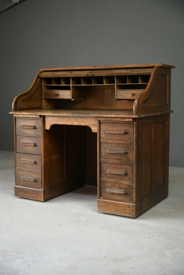 Edwardian Oak Roll Top Tambour Desk