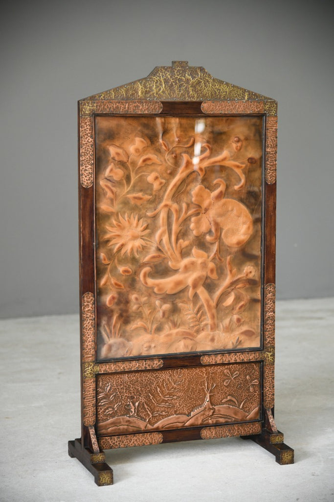 Arts & Crafts Copper & Tooled Leather Fire Screen