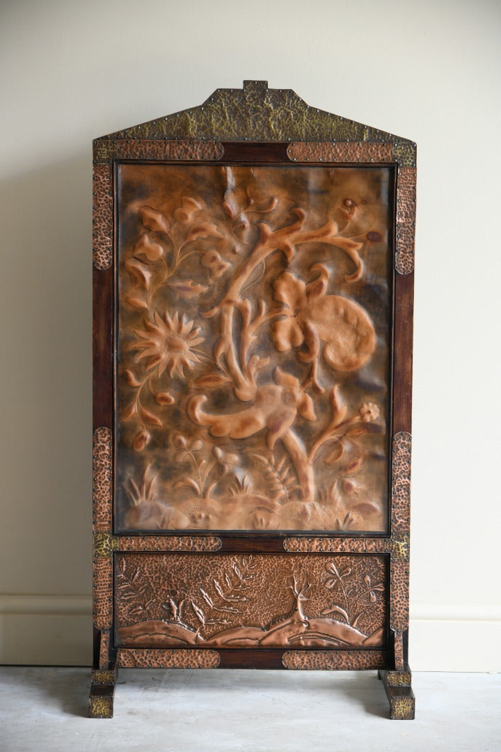 Arts & Crafts Copper & Tooled Leather Fire Screen