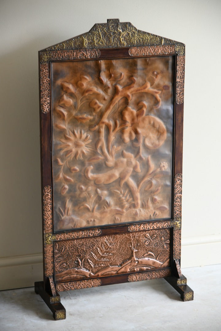 Arts & Crafts Copper & Tooled Leather Fire Screen