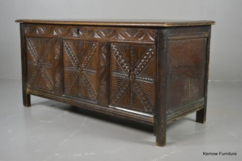 Carved Oak Antique Coffer Blanket Box - Kernow Furniture