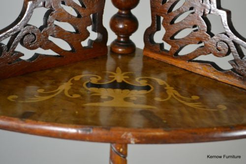 Antique Victorian Ornate Inlaid Walnut Corner Whatnot Shelving - Kernow Furniture