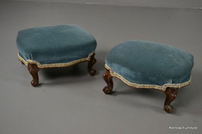 Pair Antique Victorian Carved Walnut Footstools - Kernow Furniture