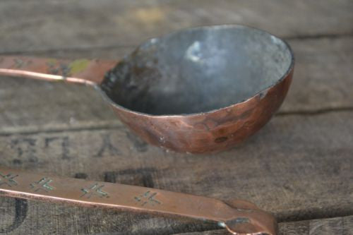 Pair Antique Copper Spoons Skimming Spoon & Hammered Ladle - Kernow Furniture