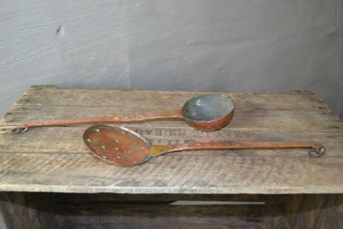 Pair Antique Copper Spoons Skimming Spoon & Hammered Ladle - Kernow Furniture