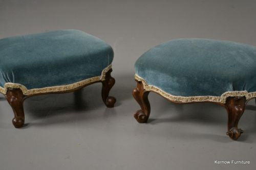 Pair Antique Victorian Carved Walnut Footstools - Kernow Furniture