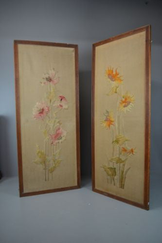 Pair Antique Oak Framed Embroidered Floral Wall Panels - Kernow Furniture