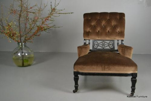 Antique Edwardian Small Ebonised Button Back Armchair Chair - Kernow Furniture