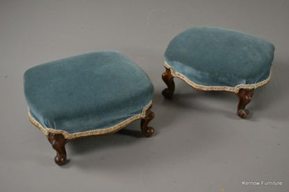 Pair Antique Victorian Carved Walnut Footstools - Kernow Furniture