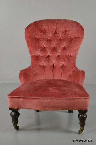 Dark Pink Antique Victorian Button Back Upholstered Armchair Chair - Kernow Furniture