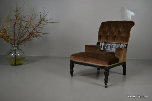 Antique Edwardian Small Ebonised Button Back Armchair Chair - Kernow Furniture