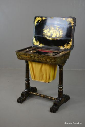 Chinoiserie Chinese Black Lacquer Work Table Sewing Tidy Box - Kernow Furniture