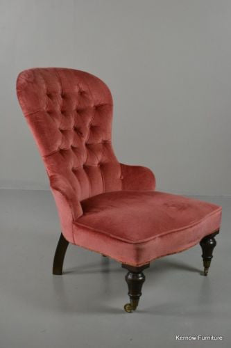 Dark Pink Antique Victorian Button Back Upholstered Armchair Chair - Kernow Furniture