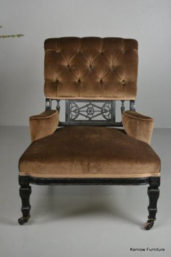 Antique Edwardian Small Ebonised Button Back Armchair Chair - Kernow Furniture