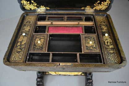 Chinoiserie Chinese Black Lacquer Work Table Sewing Tidy Box - Kernow Furniture