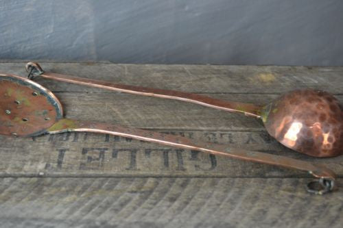 Pair Antique Copper Spoons Skimming Spoon & Hammered Ladle - Kernow Furniture