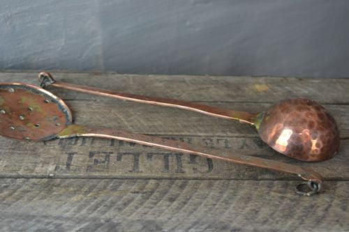 Pair Antique Copper Spoons Skimming Spoon & Hammered Ladle - Kernow Furniture