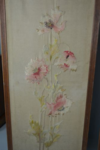 Pair Antique Oak Framed Embroidered Floral Wall Panels - Kernow Furniture