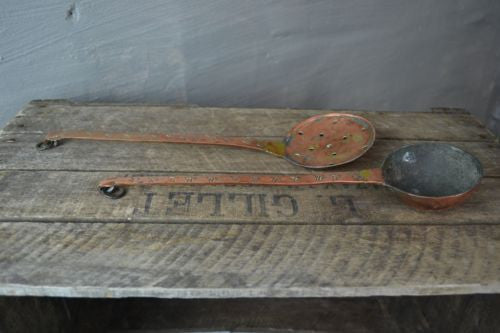 Pair Antique Copper Spoons Skimming Spoon & Hammered Ladle - Kernow Furniture