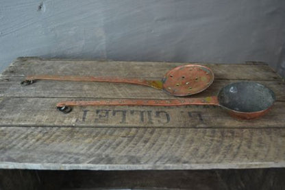 Pair Antique Copper Spoons Skimming Spoon & Hammered Ladle - Kernow Furniture