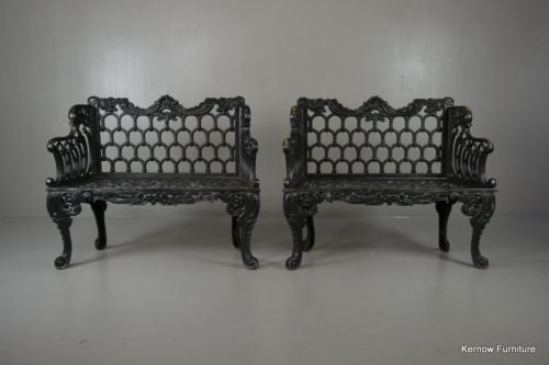 Pair White House Rose Garden Kramer Bros Style Cast Iron Benches - Kernow Furniture