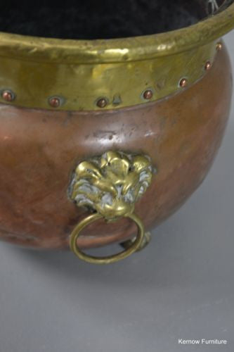 Antique Copper & Brass Coal Bucket Lion Mask Handles - Kernow Furniture