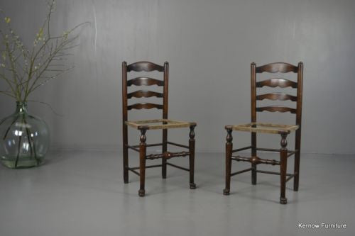 Pair Stained Beech Rustic Country Kitchen Ladderback Chairs - Kernow Furniture