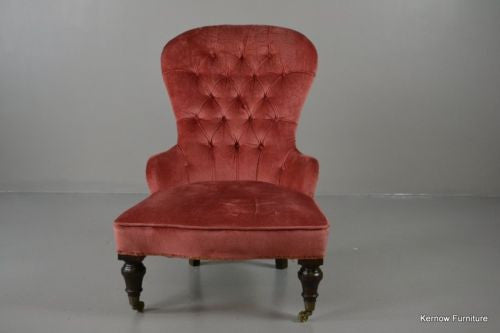 Dark Pink Antique Victorian Button Back Upholstered Armchair Chair - Kernow Furniture