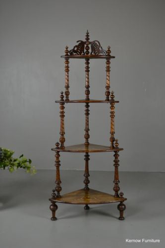 Antique Victorian Ornate Inlaid Walnut Corner Whatnot Shelving - Kernow Furniture