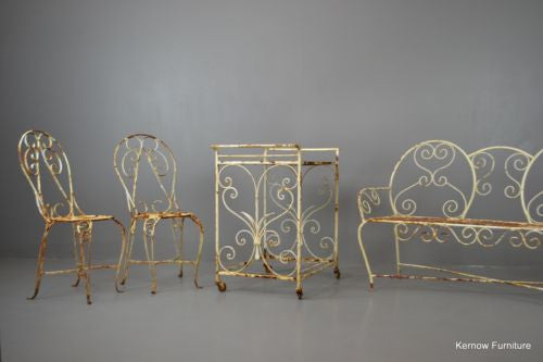 Vintage French Garden Furniture Set Wrought Iron Patio Chairs Bench - Kernow Furniture