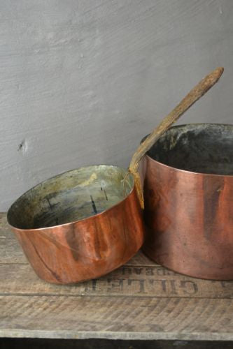 Pair Antique Copper Saucepans - Kernow Furniture