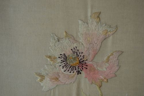 Pair Antique Oak Framed Embroidered Floral Wall Panels - Kernow Furniture