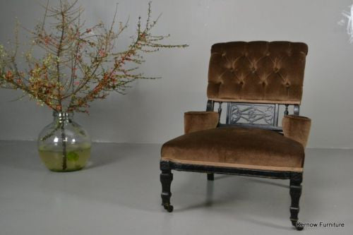 Antique Edwardian Small Ebonised Button Back Armchair Chair - Kernow Furniture