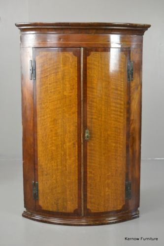 Antique Georgian George III Mahogany & Oak Bow Front Wall Corner Cupboard - Kernow Furniture