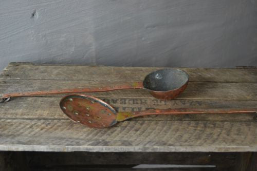 Pair Antique Copper Spoons Skimming Spoon & Hammered Ladle - Kernow Furniture