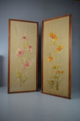 Pair Antique Oak Framed Embroidered Floral Wall Panels - Kernow Furniture