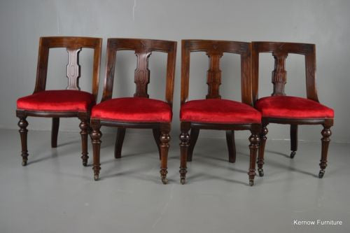 Set 4 Antique Victorian Mahogany Red Upholstered Dining Chairs - Kernow Furniture