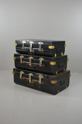 Set 3 Black Metal Graduating Trunks Luggage Set - Kernow Furniture