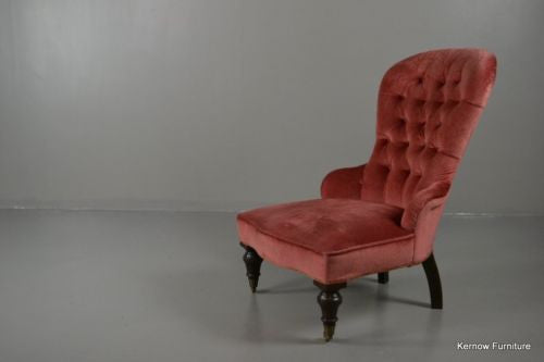 Dark Pink Antique Victorian Button Back Upholstered Armchair Chair - Kernow Furniture
