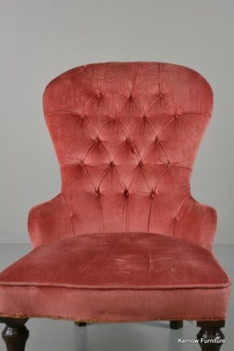 Dark Pink Antique Victorian Button Back Upholstered Armchair Chair - Kernow Furniture