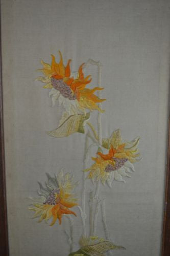 Pair Antique Oak Framed Embroidered Floral Wall Panels - Kernow Furniture