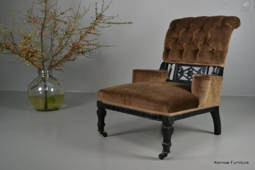 Antique Edwardian Small Ebonised Button Back Armchair Chair - Kernow Furniture