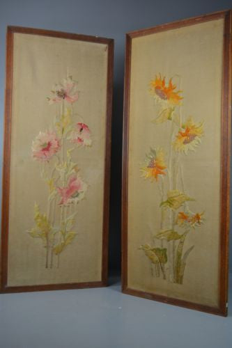 Pair Antique Oak Framed Embroidered Floral Wall Panels - Kernow Furniture