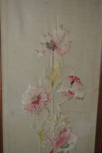 Pair Antique Oak Framed Embroidered Floral Wall Panels - Kernow Furniture