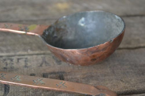 Pair Antique Copper Spoons Skimming Spoon & Hammered Ladle - Kernow Furniture