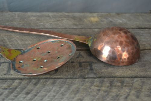 Pair Antique Copper Spoons Skimming Spoon & Hammered Ladle - Kernow Furniture