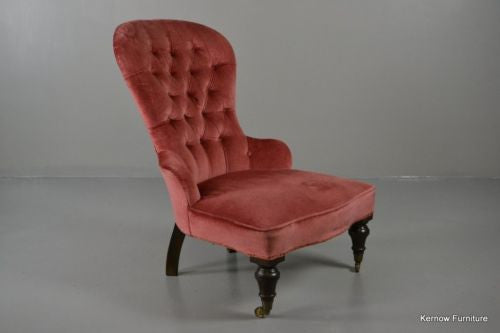 Dark Pink Antique Victorian Button Back Upholstered Armchair Chair - Kernow Furniture