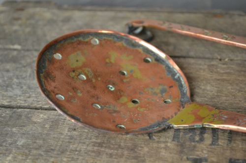 Pair Antique Copper Spoons Skimming Spoon & Hammered Ladle - Kernow Furniture