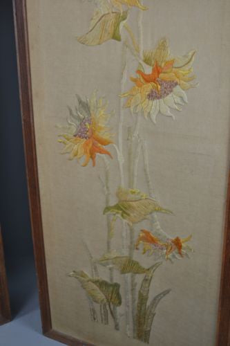 Pair Antique Oak Framed Embroidered Floral Wall Panels - Kernow Furniture