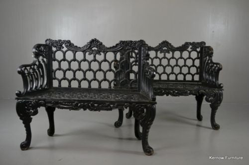 Pair White House Rose Garden Kramer Bros Style Cast Iron Benches - Kernow Furniture